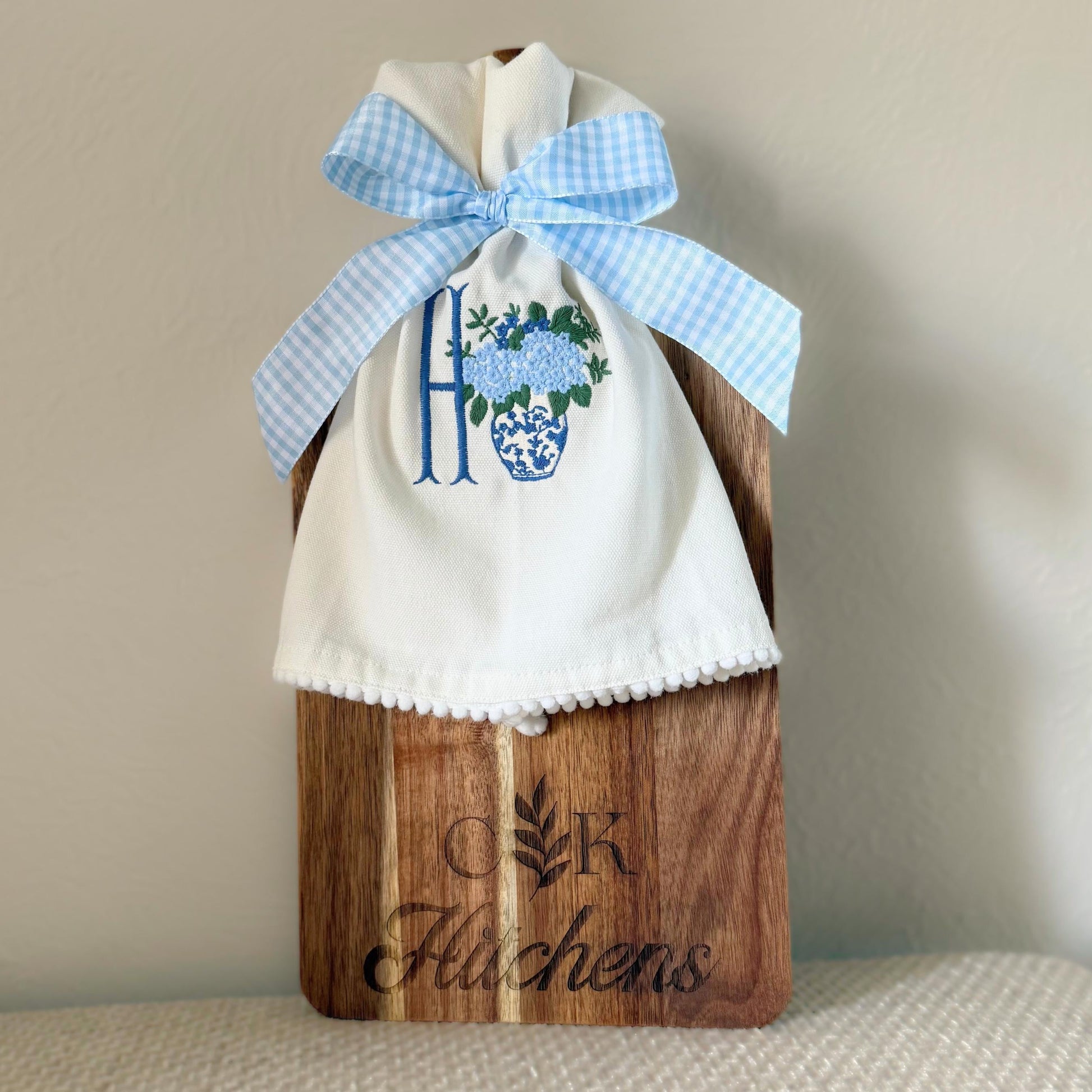 Personalized Hostess Gift Embroidered Towel Chinoiserie Gift Decor Cutting Board Engraved Gift Set Monogram Towel Custom Name Gift Idea Set