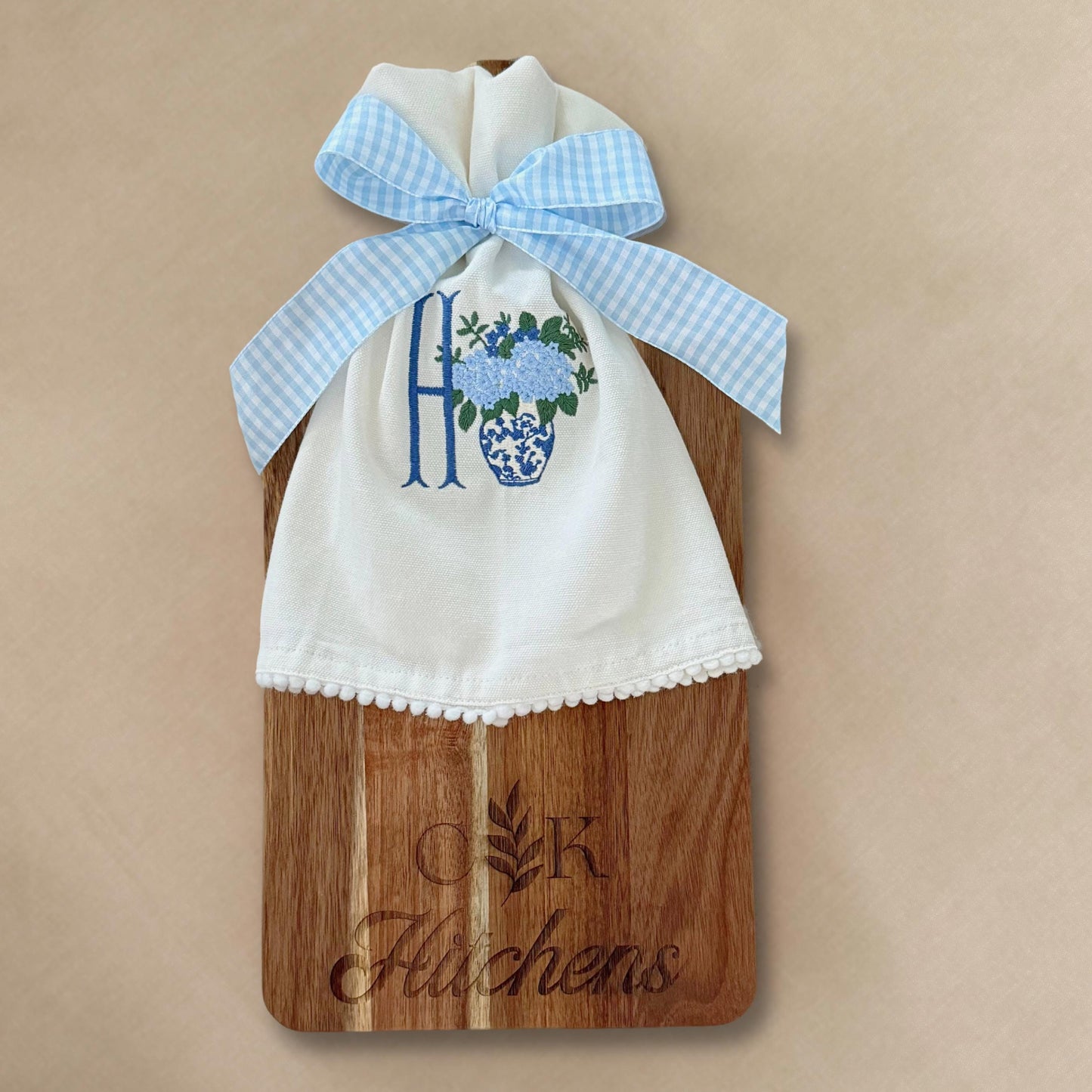 Personalized Hostess Gift Embroidered Towel Chinoiserie Gift Decor Cutting Board Engraved Gift Set Monogram Towel Custom Name Gift Idea Set