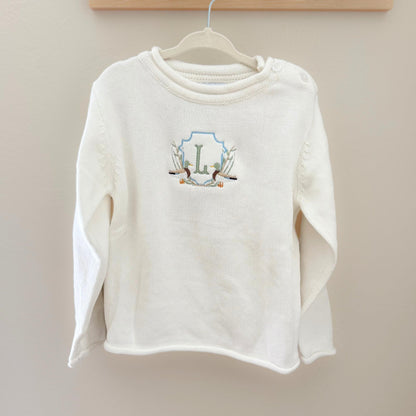 Custom Baby Sweater Embroidered Initial Shirt Toddler Sweater Romper Newborn Boy Coming Home Outfit With Monogram Duck Shirt Gift Idea Baby