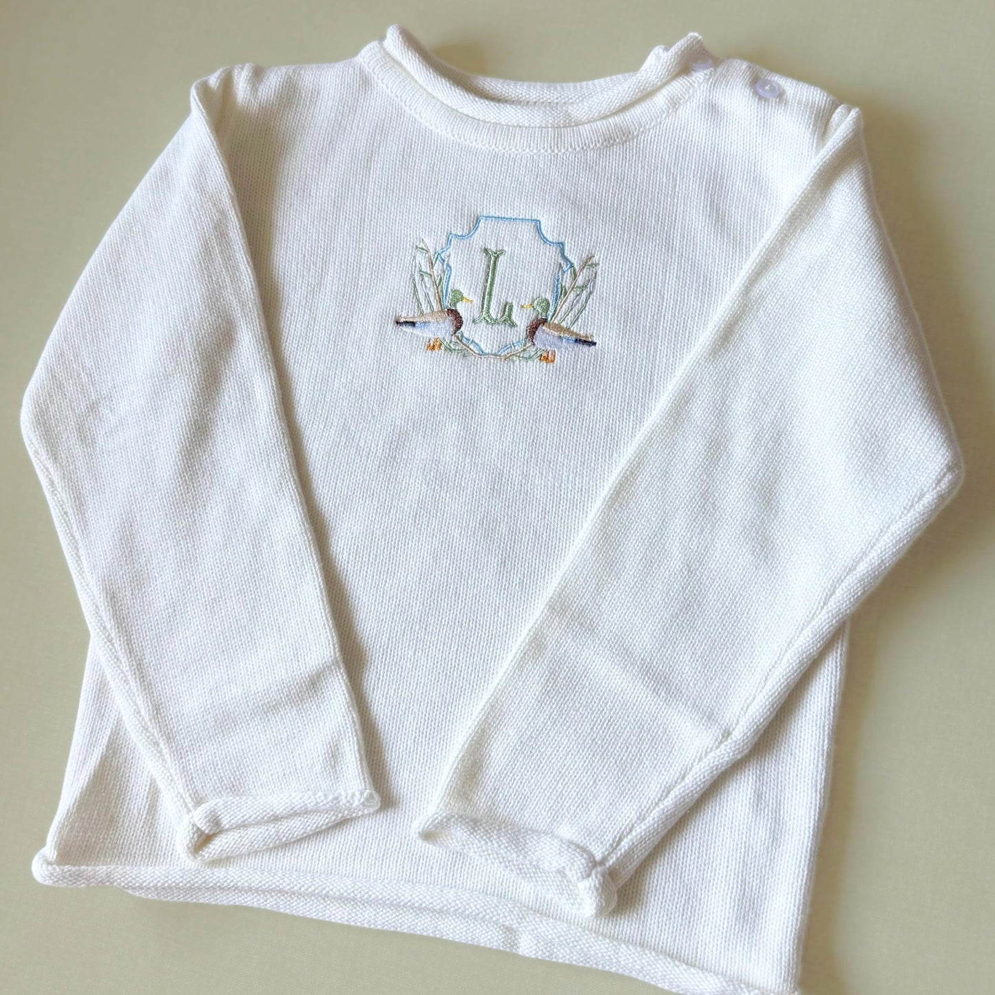 Custom Baby Sweater Embroidered Initial Shirt Toddler Sweater Romper Newborn Boy Coming Home Outfit With Monogram Duck Shirt Gift Idea Baby