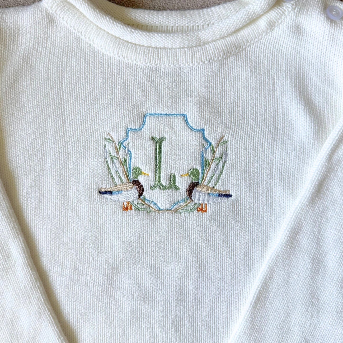 Custom Mallard Duck Baby Boy Romper Embroidered Monogram Toddler Fall Sweater Southern Baby Shower Gift First Birthday Outfit Duck Theme