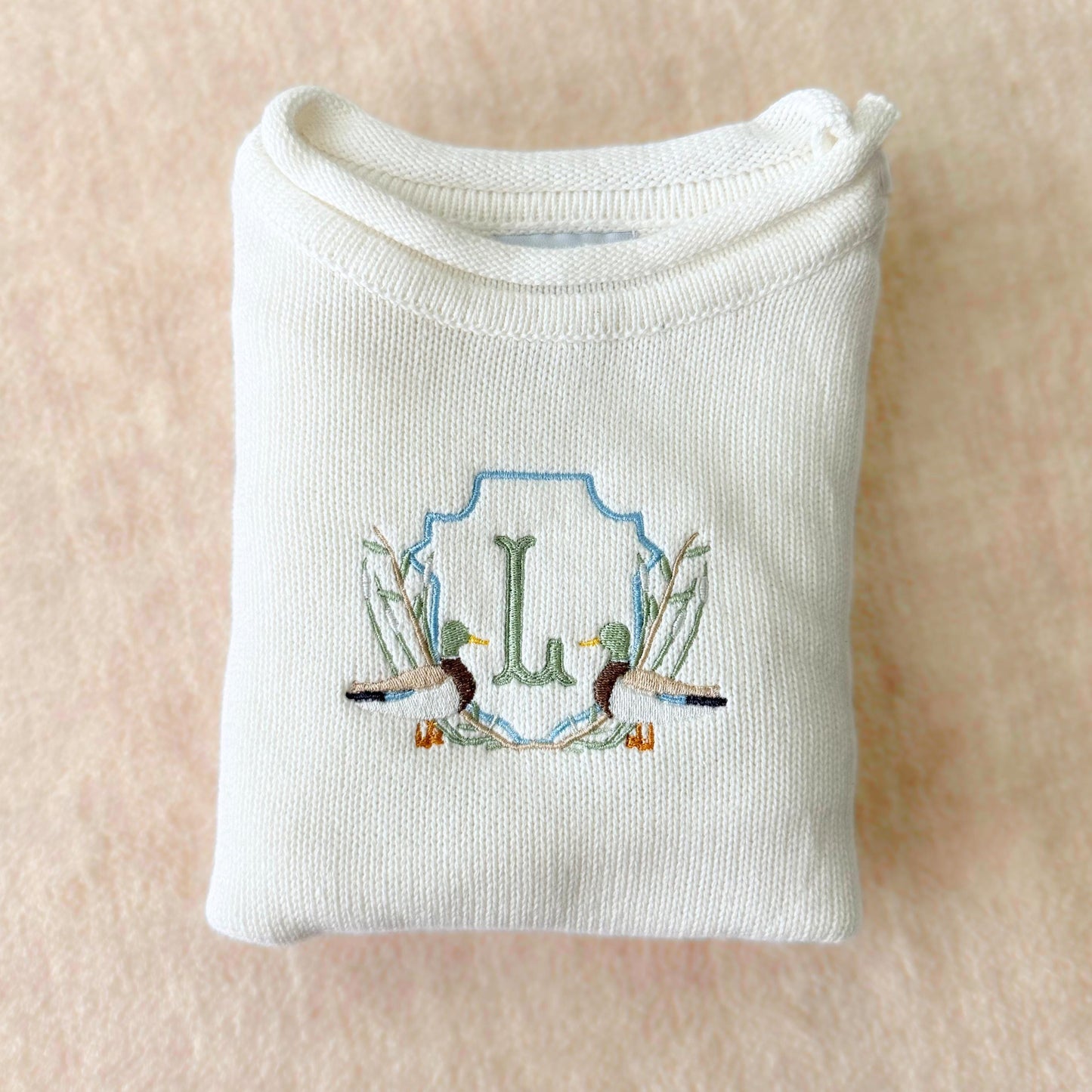 Custom Mallard Duck Baby Boy Romper Embroidered Monogram Toddler Fall Sweater Southern Baby Shower Gift First Birthday Outfit Duck Theme