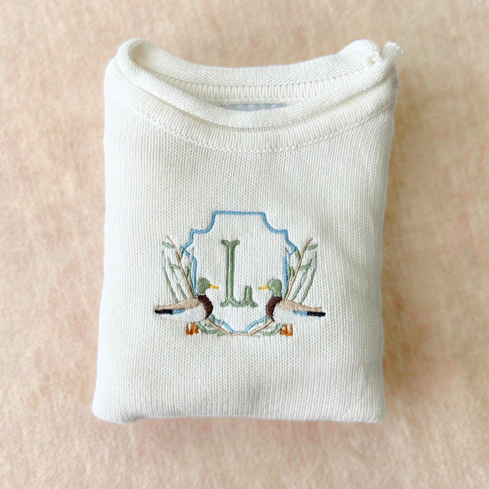 Custom Mallard Duck Baby Boy Romper Embroidered Monogram Toddler Fall Sweater Southern Baby Shower Gift First Birthday Outfit Duck Theme