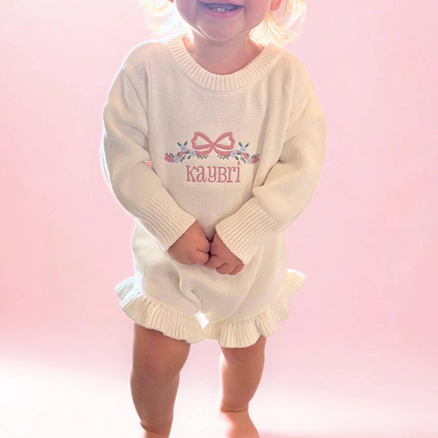 Personalized Knit Ruffle Romper with Name Embroidered Floral Bow Baby Girl First Birthday Outfit Custom Fall Outfit Baby Shower Gift Idea