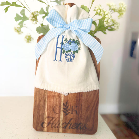 Personalized Hostess Gift Embroidered Towel Chinoiserie Gift Decor Cutting Board Engraved Gift Set Monogram Towel Custom Name Gift Idea Set