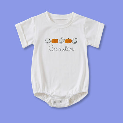 Personalized Halloween Shirt For Baby Embroidered Name Romper Custom Ghost Tee Toddler Halloween Outfit Brother Sister Matching Shirt Idea
