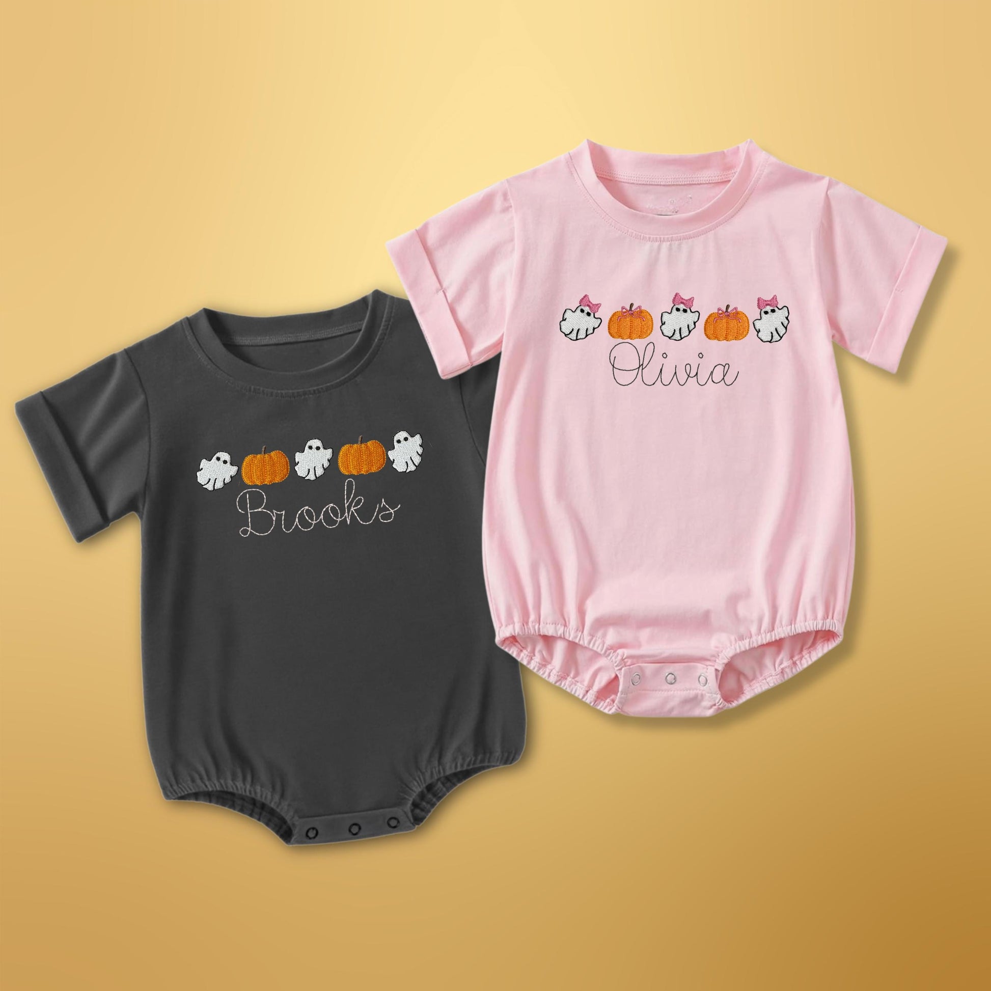 Personalized Halloween Shirt For Baby Embroidered Name Romper Custom Ghost Tee Toddler Halloween Outfit Brother Sister Matching Shirt Idea