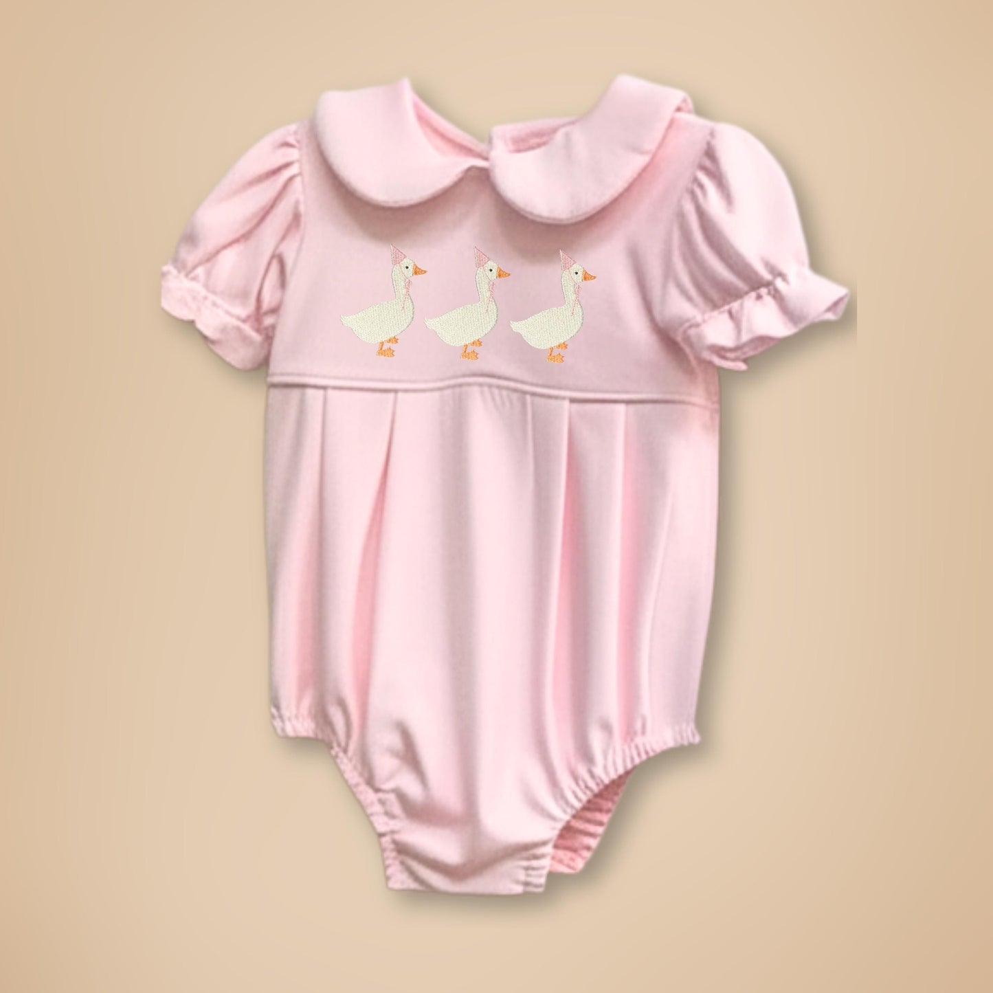 Traditional Baby Romper Birthday Celebration Outfit Custom Embroidered Goose Pattern Special Occasion Wear Classic Peter Pan Collar Pleated Bottom Design Beautiful Infant Apparel Personalized Details Vintage Style Elements Custom Color
