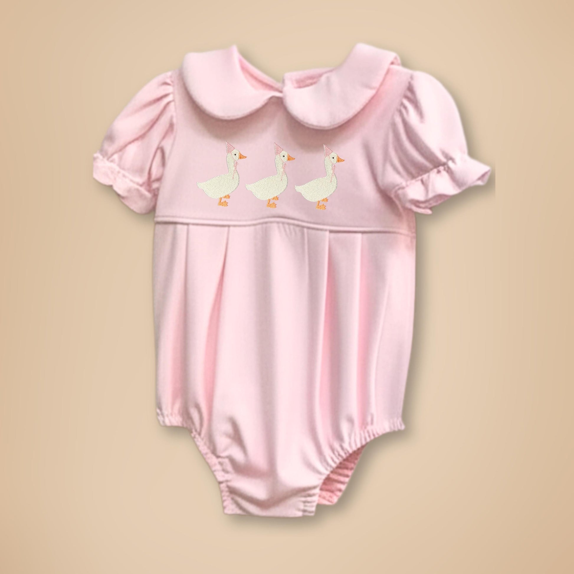 Traditional Baby Romper Birthday Celebration Outfit Custom Embroidered Goose Pattern Special Occasion Wear Classic Peter Pan Collar Pleated Bottom Design Beautiful Infant Apparel Personalized Details Vintage Style Elements Custom Color