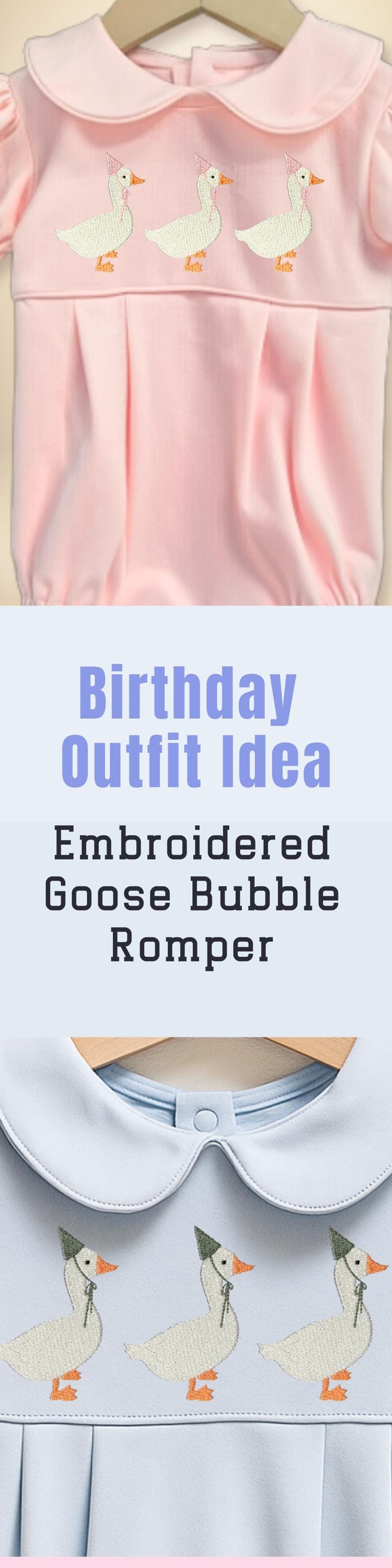 Custom Baby Romper Special Occasion Outfit Traditional Style Design Embroidered Goose Pattern Birthday Celebration Wear Classic Peter Pan Collar Beautiful Infant Apparel Pleated Bottom Details Personalized Options Vintage Inspired Look