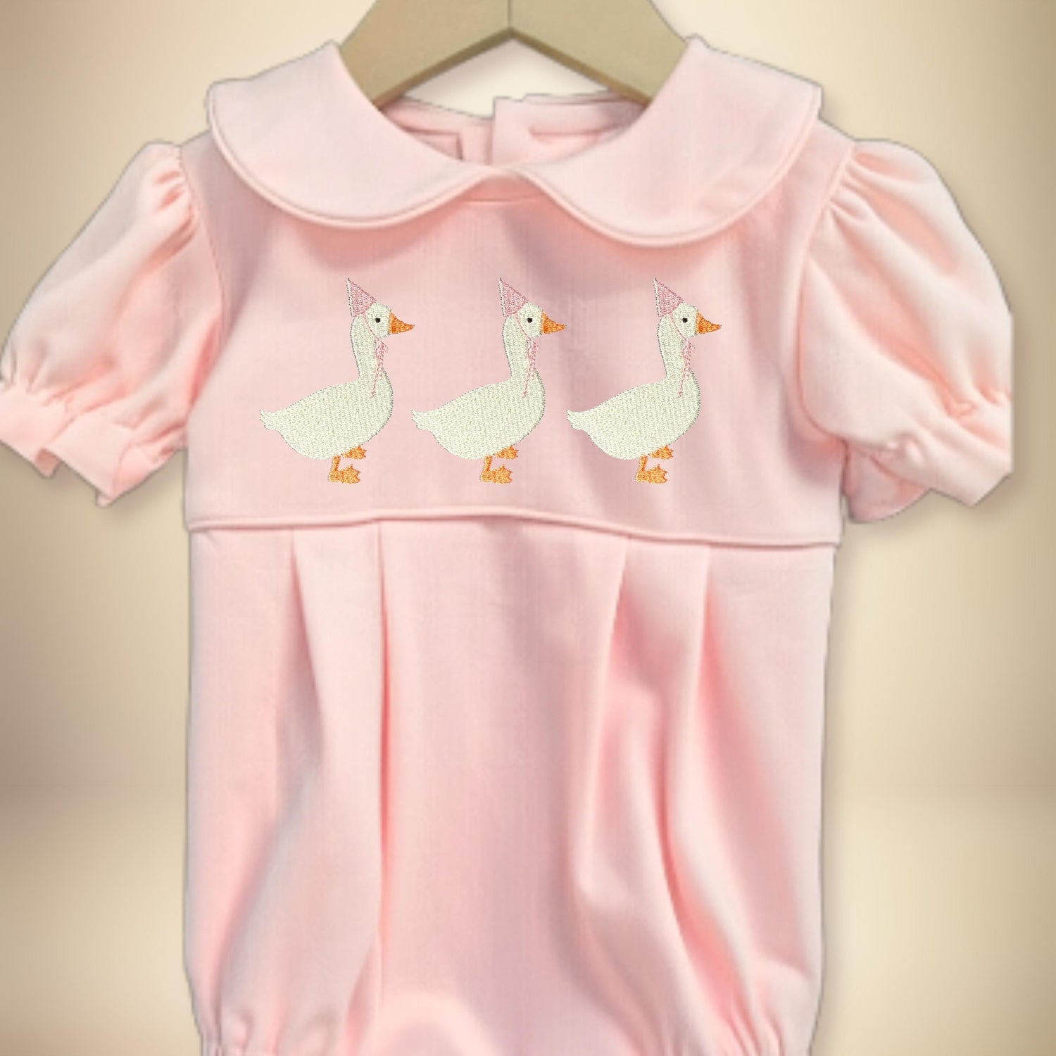 Vintage Style Baby Outfit Special Occasion Romper Embroidered Goose Pattern Traditional Birthday Wear Custom Hat Colors Classic Peter Pan Collar Beautiful Infant Apparel Pleated Bottom Design Celebration Wear Personalized Name Option