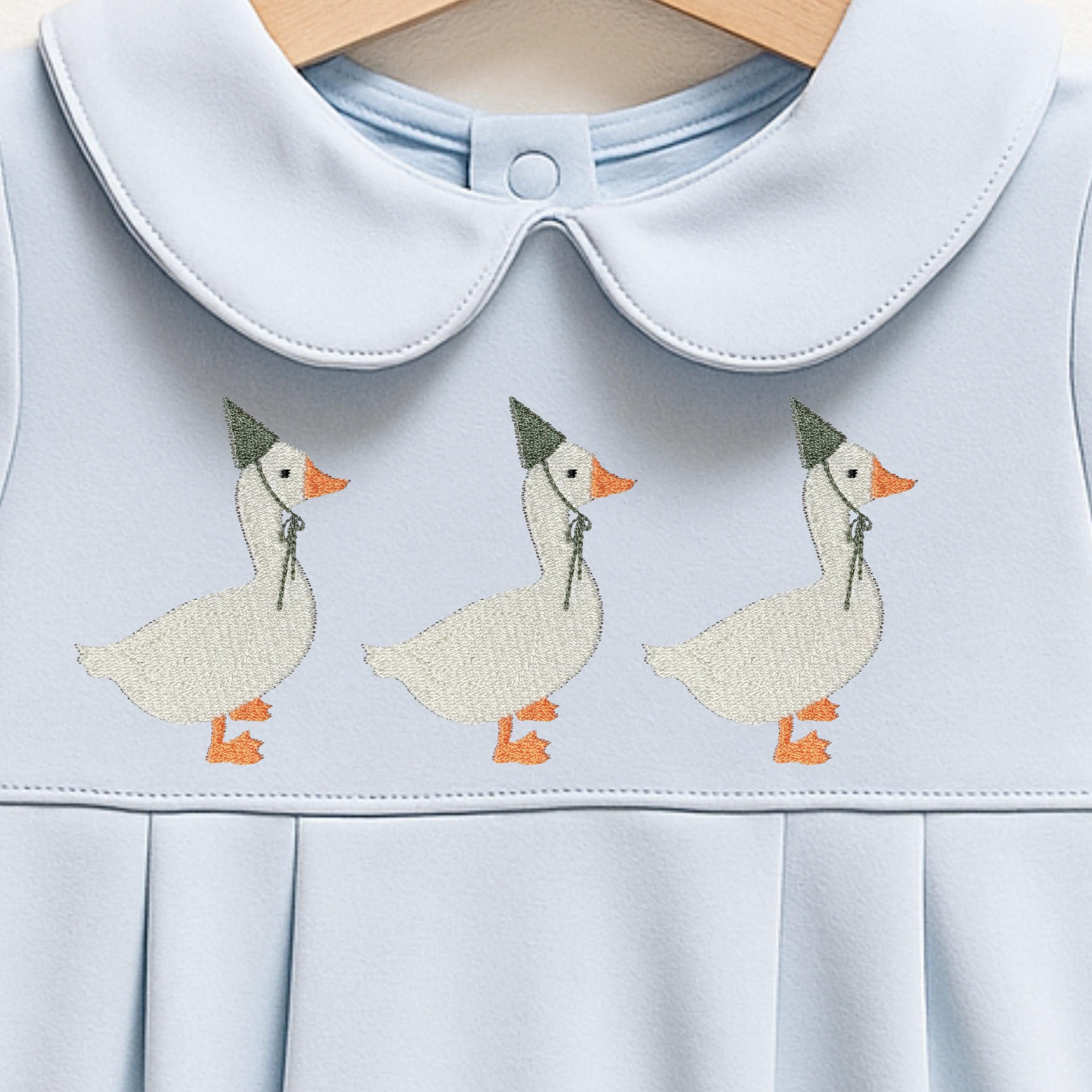 Special Occasion Romper Baby Birthday Outfit Traditional Style Clothing Embroidered Goose Pattern Custom Birthday Hat Design Classic Peter Pan Collar Pleated Bottom Details Infant Celebration Wear Beautiful Customizable Features Vintage