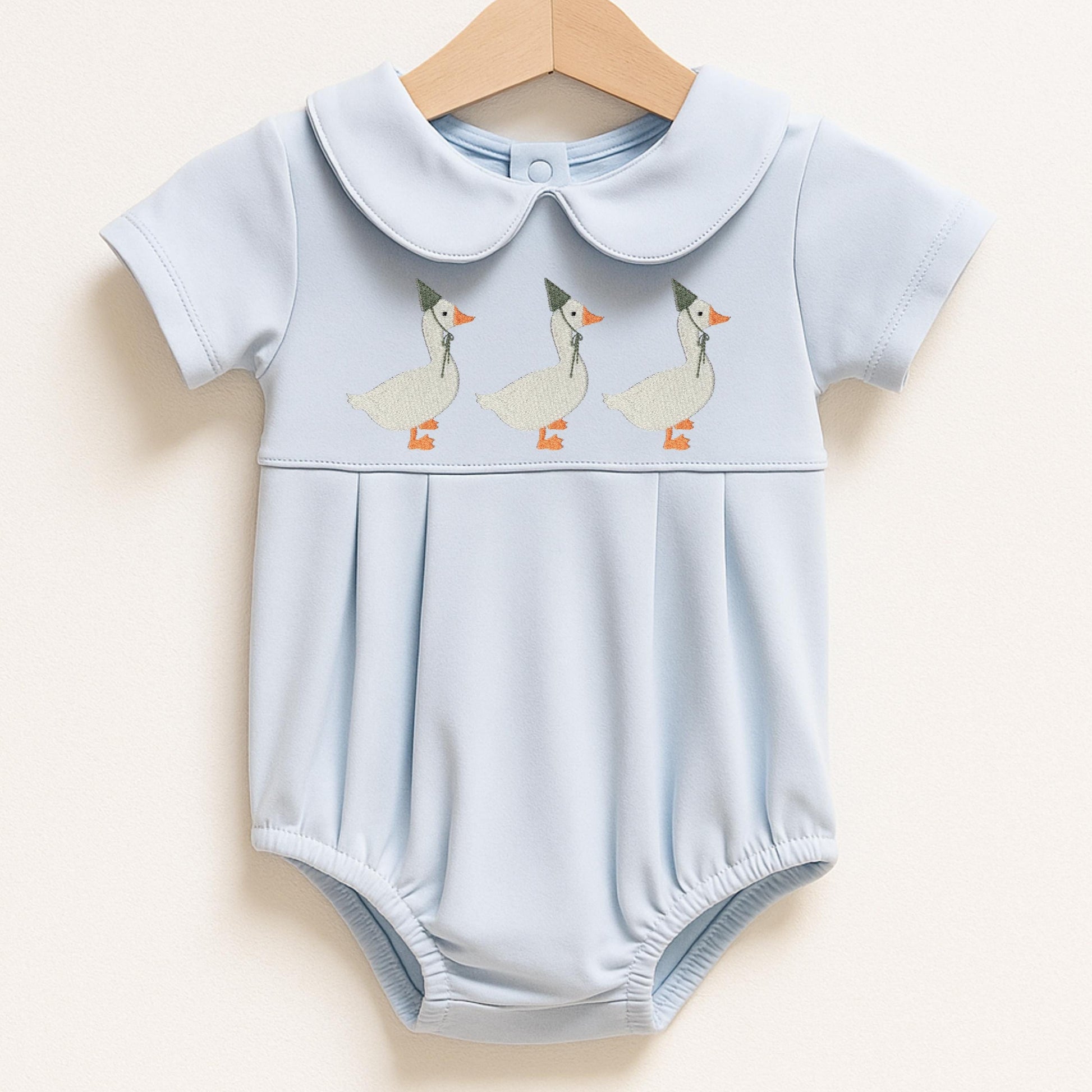 Baby Birthday Outfit Special Occasion Wear Bubble Romper Embroidered Goose Design Traditional Style Peter Pan Collar Short Sleeves Custom Birthday Hat Colors Pleated Bottom Classic Infant Apparel Personalized Name Option Celebration Wear