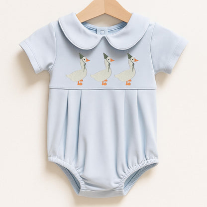 Baby Birthday Outfit Special Occasion Wear Bubble Romper Embroidered Goose Design Traditional Style Peter Pan Collar Short Sleeves Custom Birthday Hat Colors Pleated Bottom Classic Infant Apparel Personalized Name Option Celebration Wear