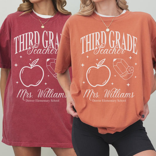 Personalized Third Grade Teacher T Shirt 3rd Grade Custom Teacher Name Bulk Matching Tee Group Elementary Teacher Shirt Idea Apple Teach