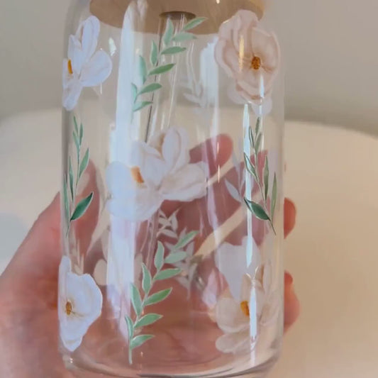 Personalized Floral Glass Cup White Flower Iced Coffee Mug Name Tumbler Custom Engraved Lid Bride Gift Idea Sipper Glass Bridal Shower Gift