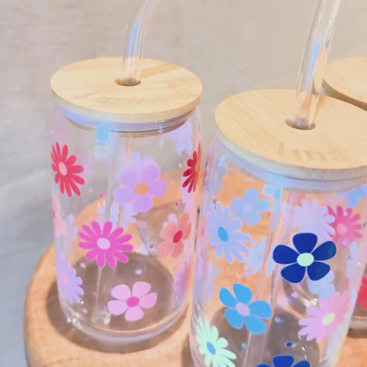 Personalized Floral Iced Coffee Cup Engraved Name Sipper Glass Cup Flower Custom Iced Latte Cup Engraved Lid Custom Bridesmaid Gift Ideas