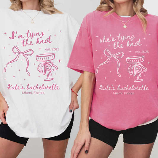 Personalized Tying The Knot Shirt Custom Bow Bachelorette Tee Comfort Colors Bride Squad T Shirt Bridesmaid Matching Girls Trip Apparel Idea