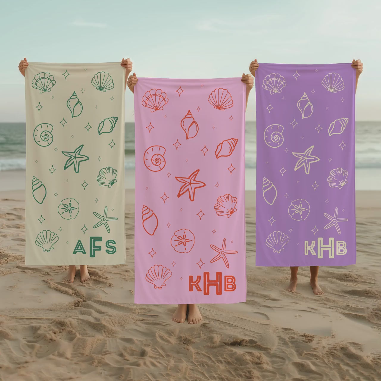 Custom Bachelorette Beach Towels Personalized Seashell Pool Towel Monogram Initial Beach Themed Name Towel Girls Trip Destination Wedding